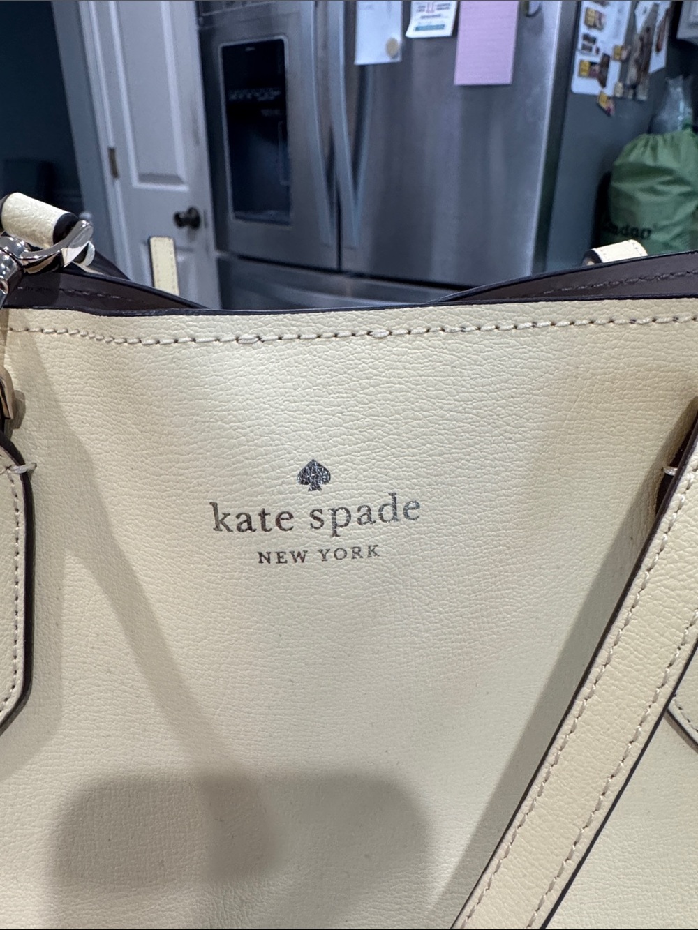 kate spade Cream Leather Tote with Top Handles. Color is butter. - Picture 3 of 5